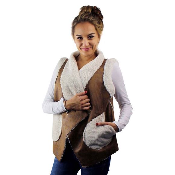 Vegan Leather Shearling Lined Vest - Picture 2 of 8